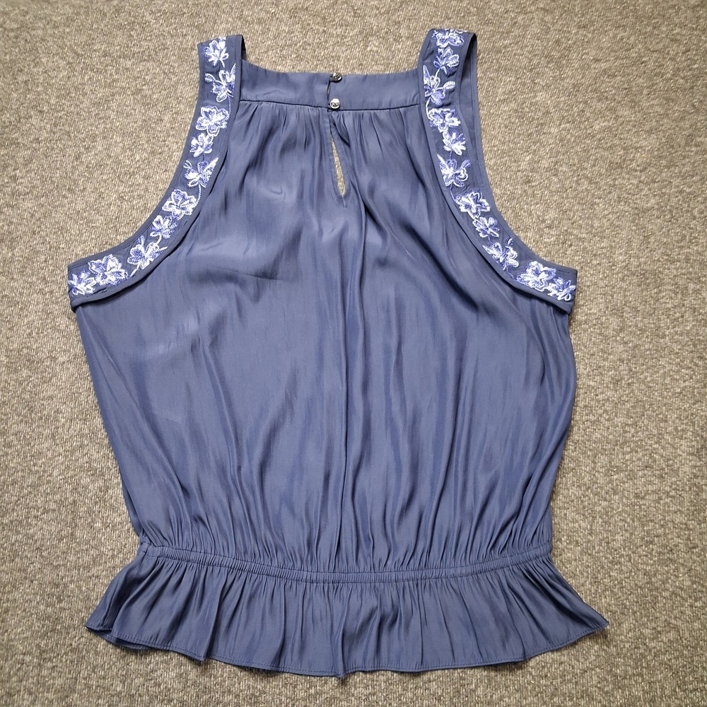 Ramy Brook Satin Blue Embroidered Sleeveless Smocked Peplum Top Large NWT - Picture 12 of 13